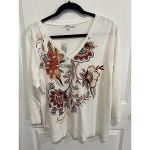 Chico’s Pima Cotton Floral V Neck Tunic Top 3/4 Sleeve Beach Floral NWT Sz 3/XL